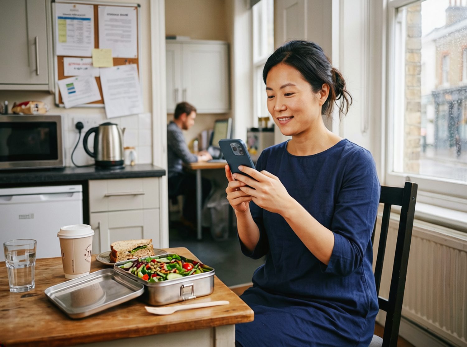 A mum at the kitchen table checking her phone