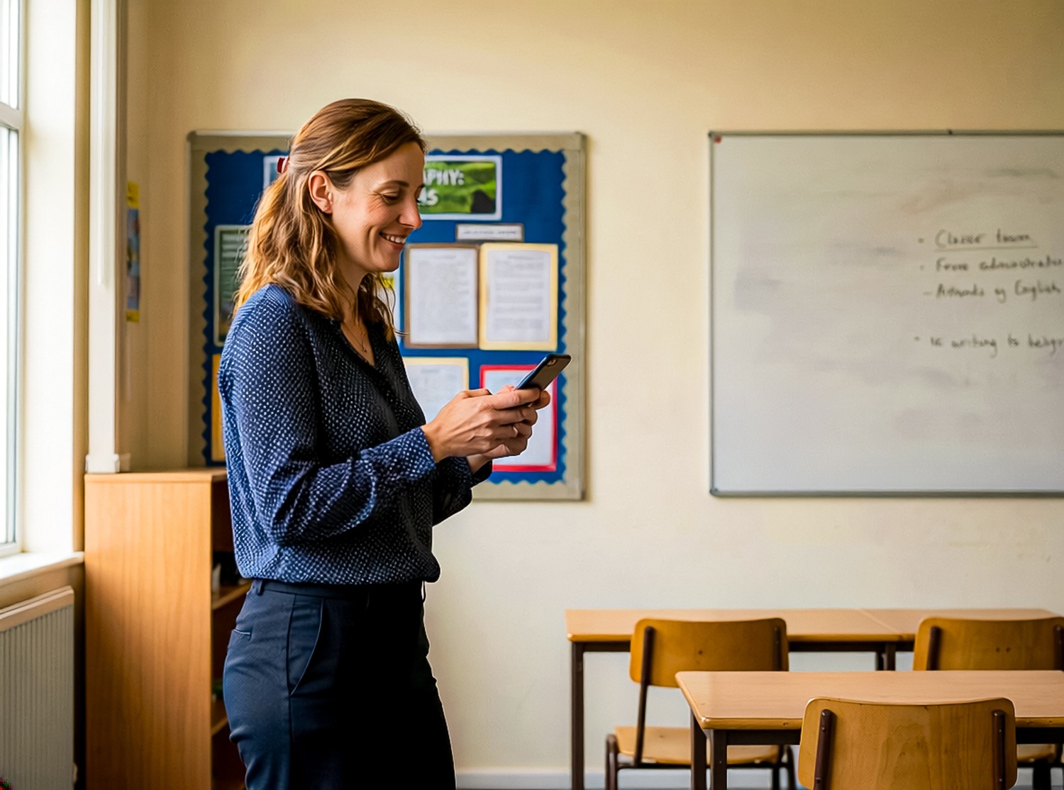 A teacher logging a praise point on her phone in a classroom
