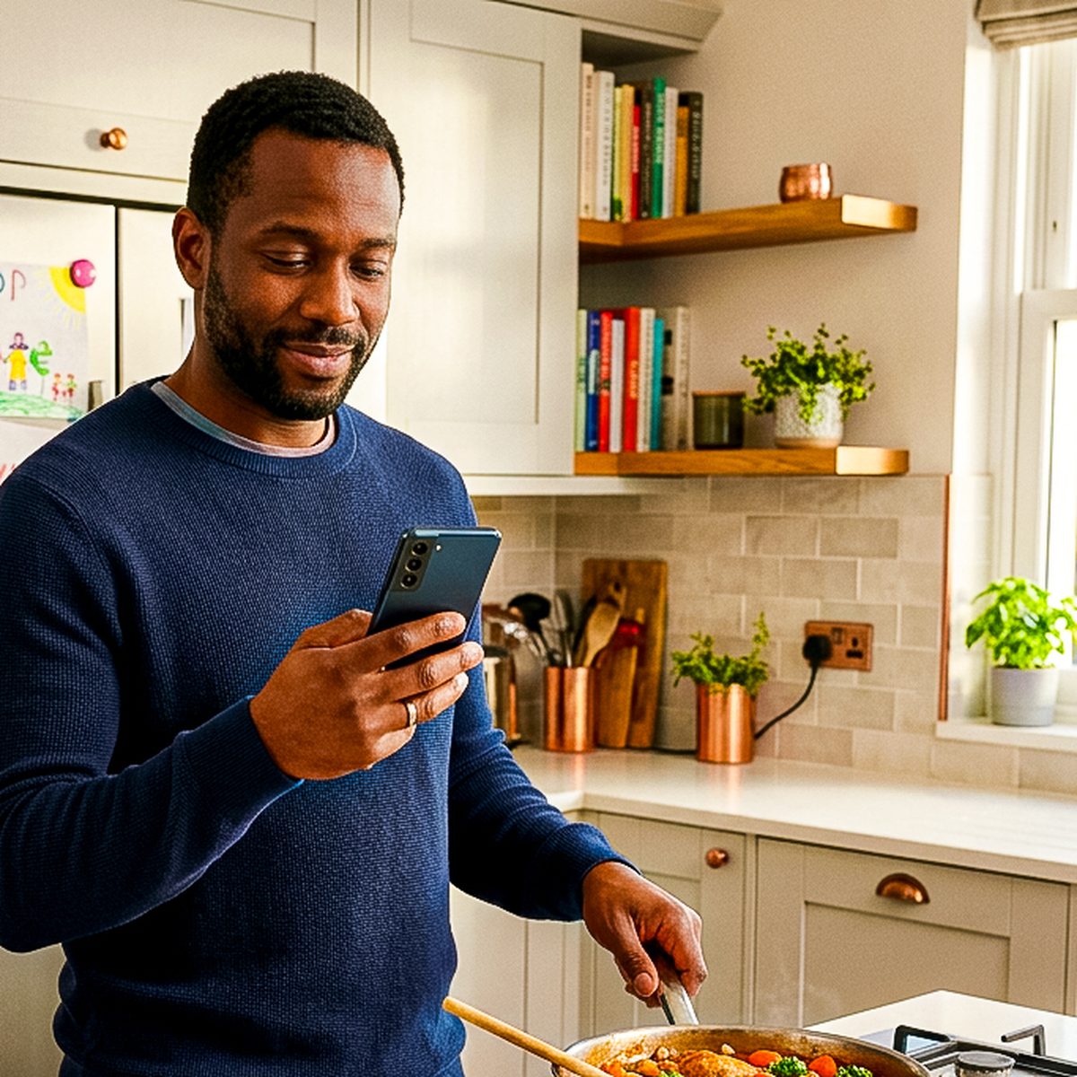 A parent checking his phone while cooking at home