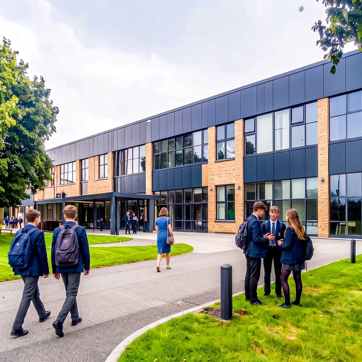 Pupils walking into school along the path, with others talking outside the entrance