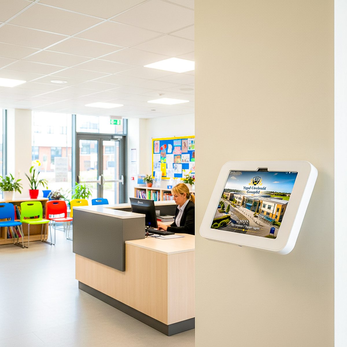 A school reception desk with the sign-in kiosk on the wall beside it