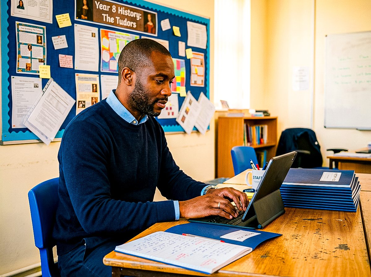 A teacher using Classroom on his laptop between lessons