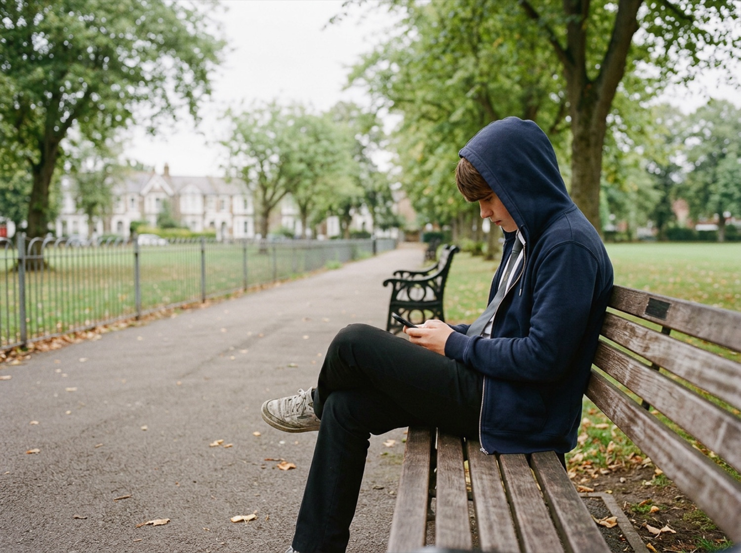 A teenage boy sitting alone on a park bench during the school day