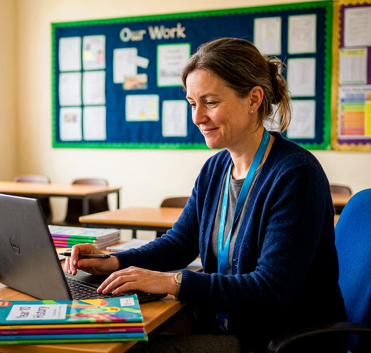 A teacher working on One at her classroom desk