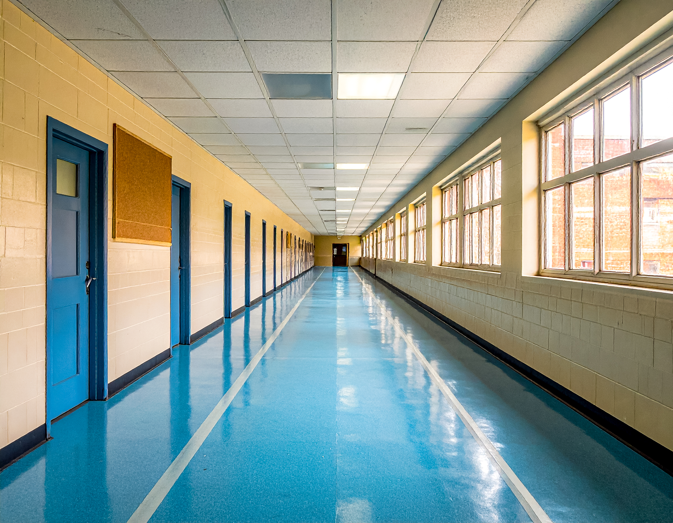 An empty school corridor during a lockdown drill