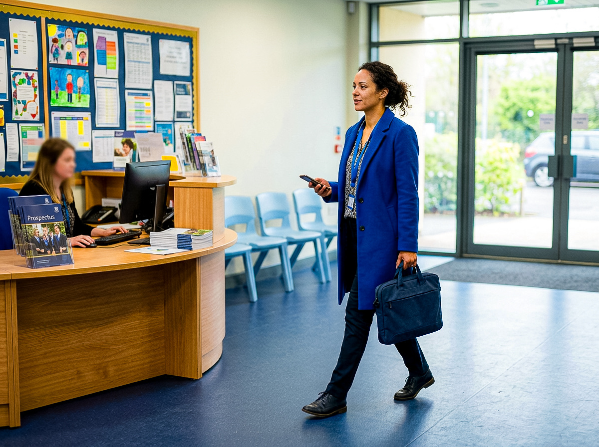 A member of staff walking through a school reception with her phone in her hand, passing the reception desk without stopping
