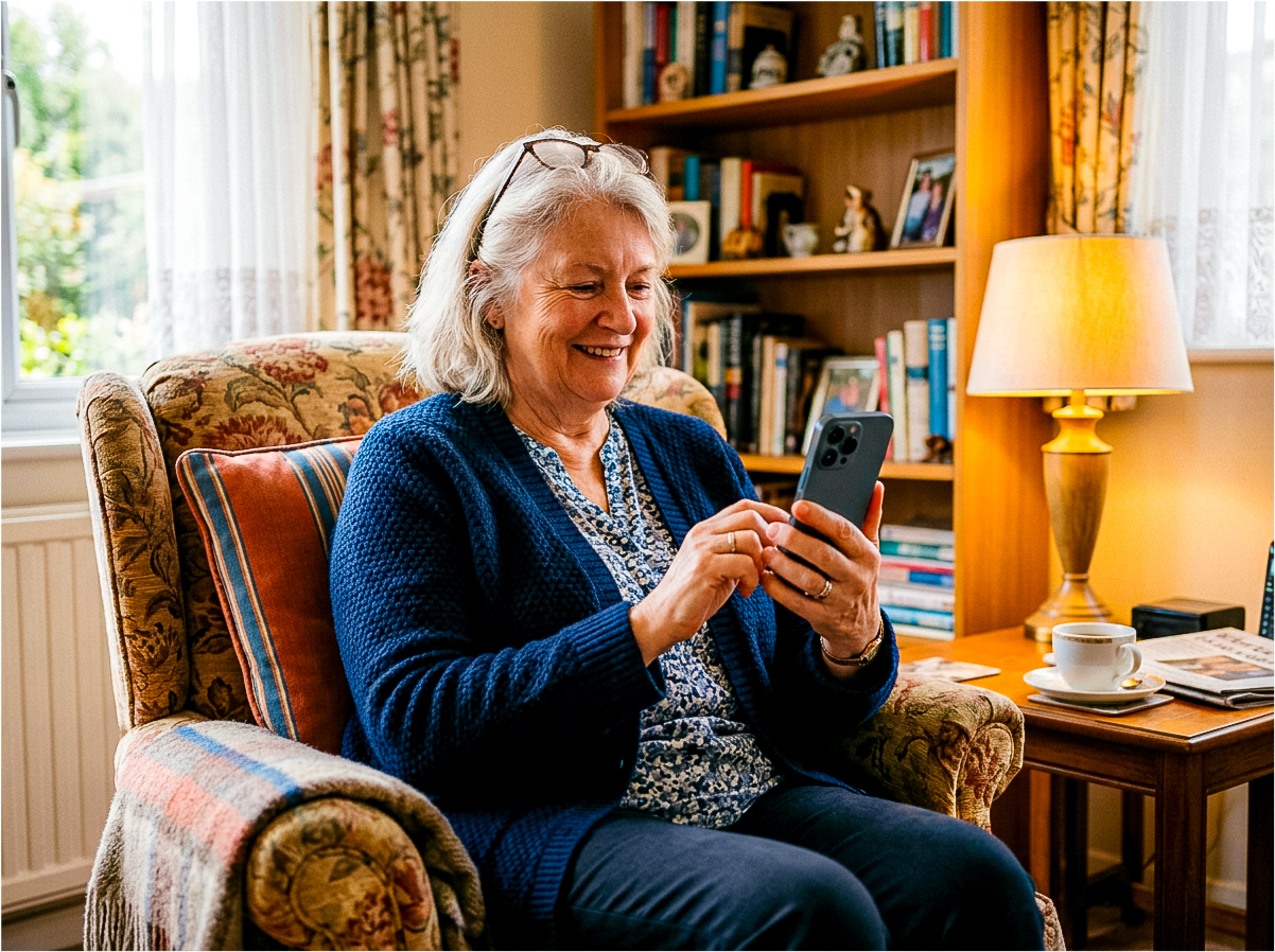 A grandparent reading a message from school