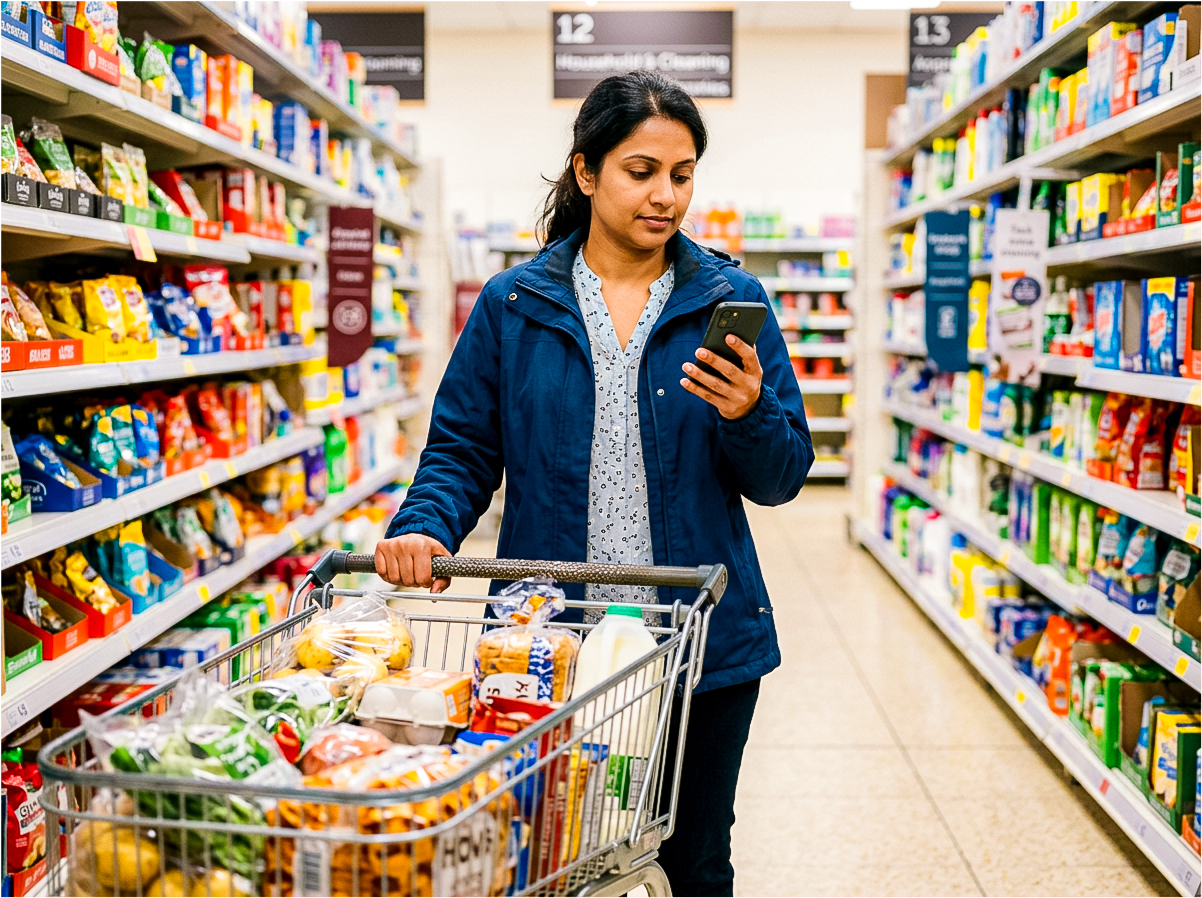 A parent checking the app while out shopping