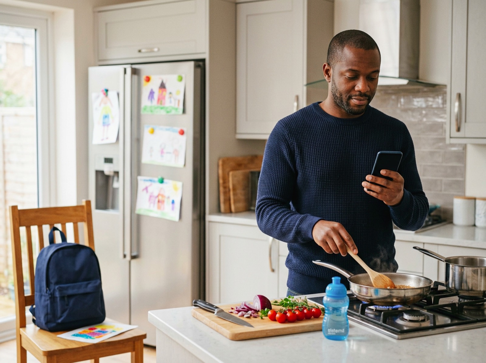 A dad cooking dinner at the hob, checking a school message on his phone, with his child&rsquo;s school bag on the chair behind him