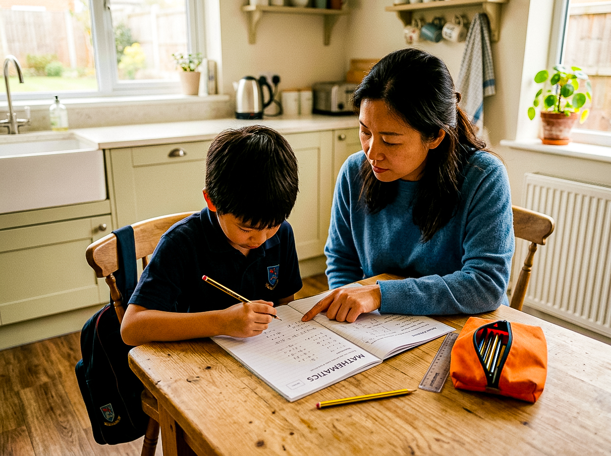 A parent and child sitting at the kitchen table over homework