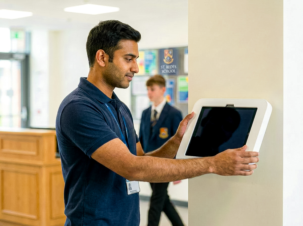A school IT specialist setting up an OnSite sign-in tablet in a school reception
