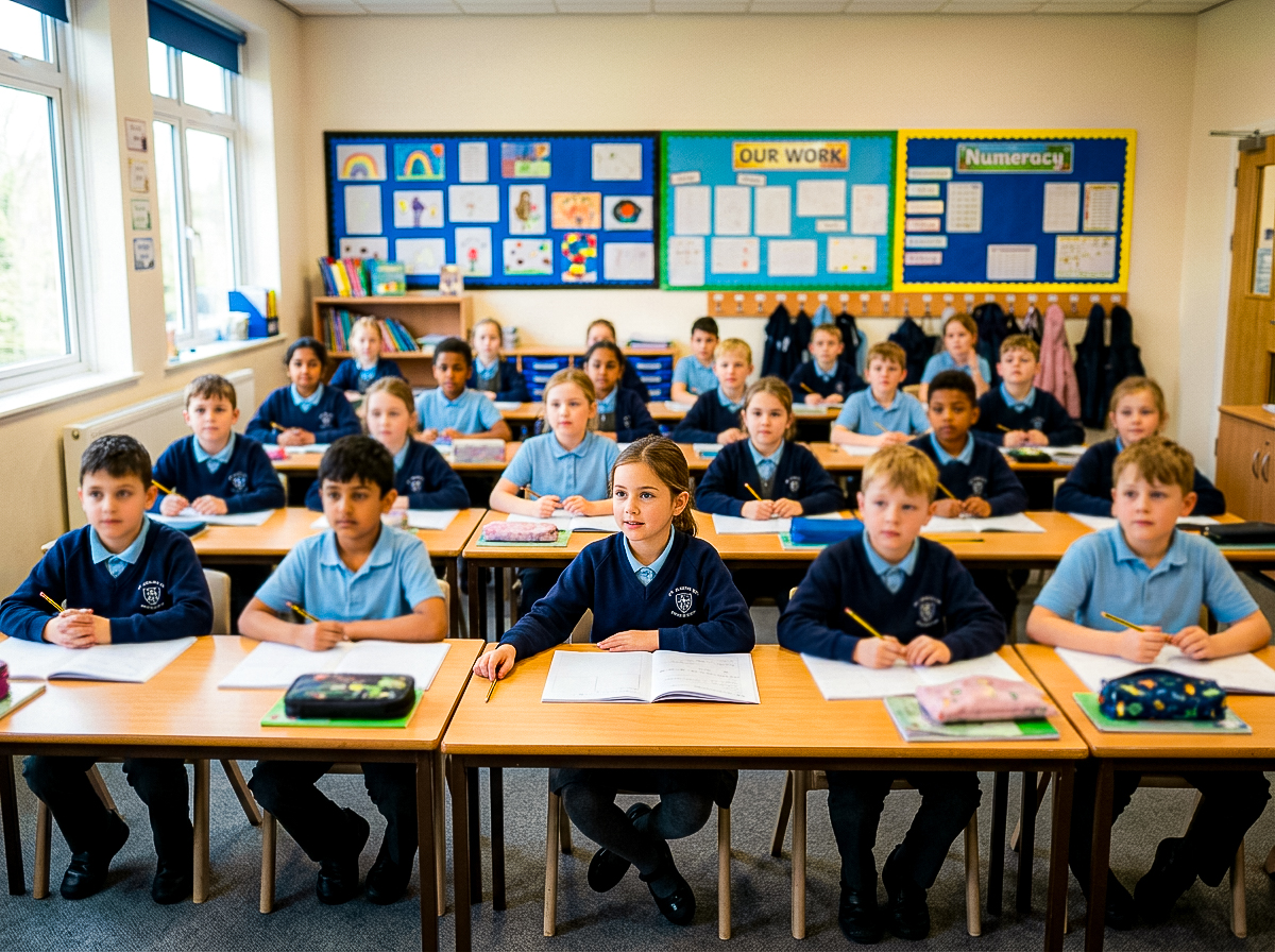 A full primary classroom, pupils at their desks