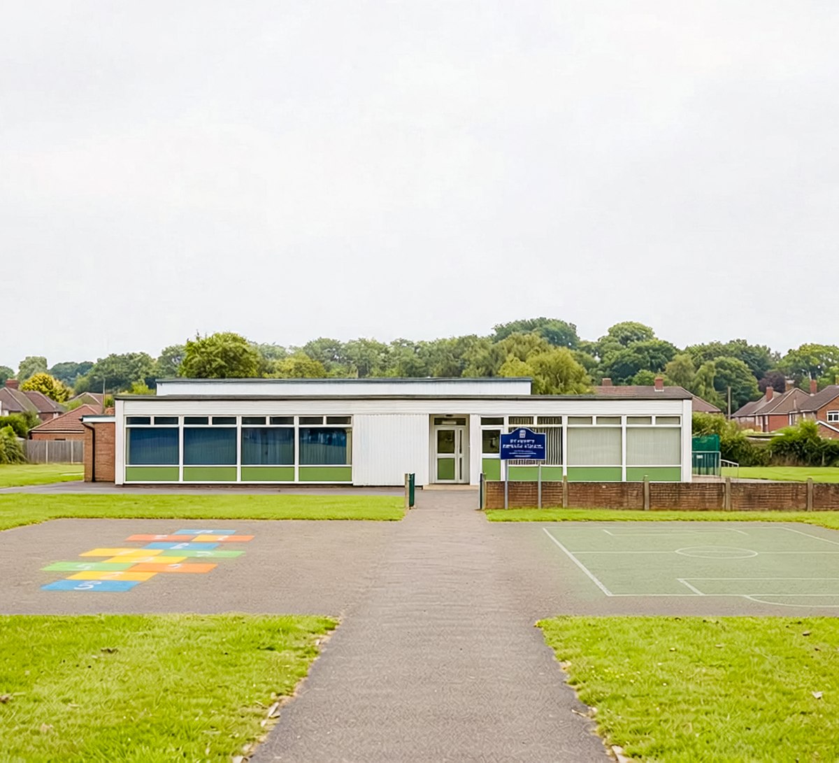 A primary school with its playground markings and playing field