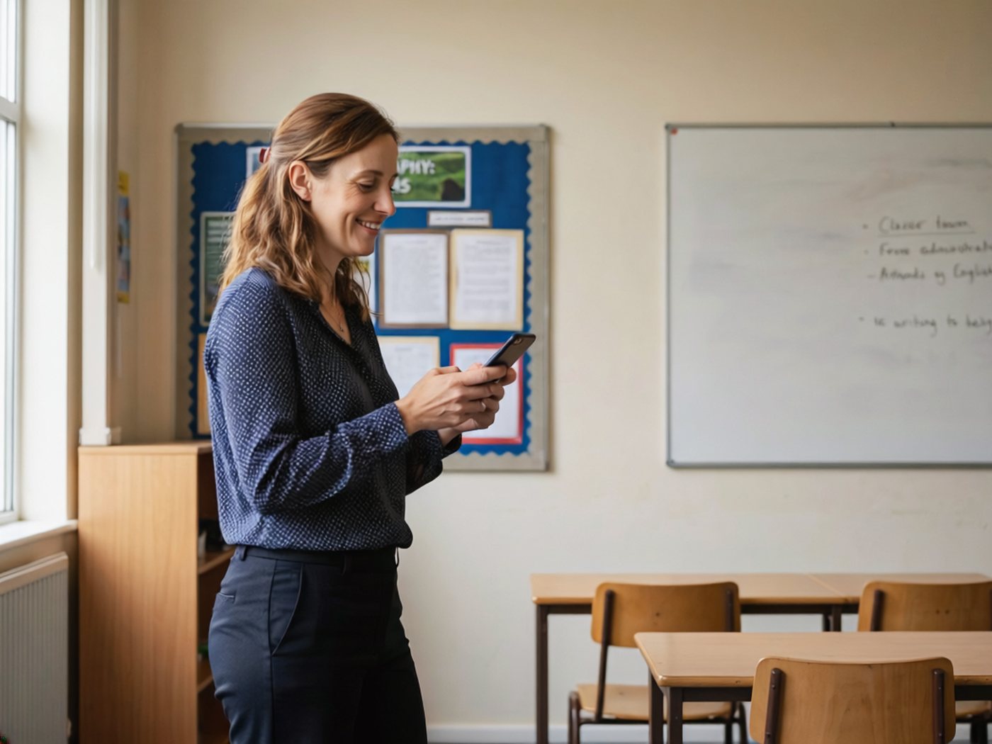 A teacher sending a message to parents from her phone in her classroom
