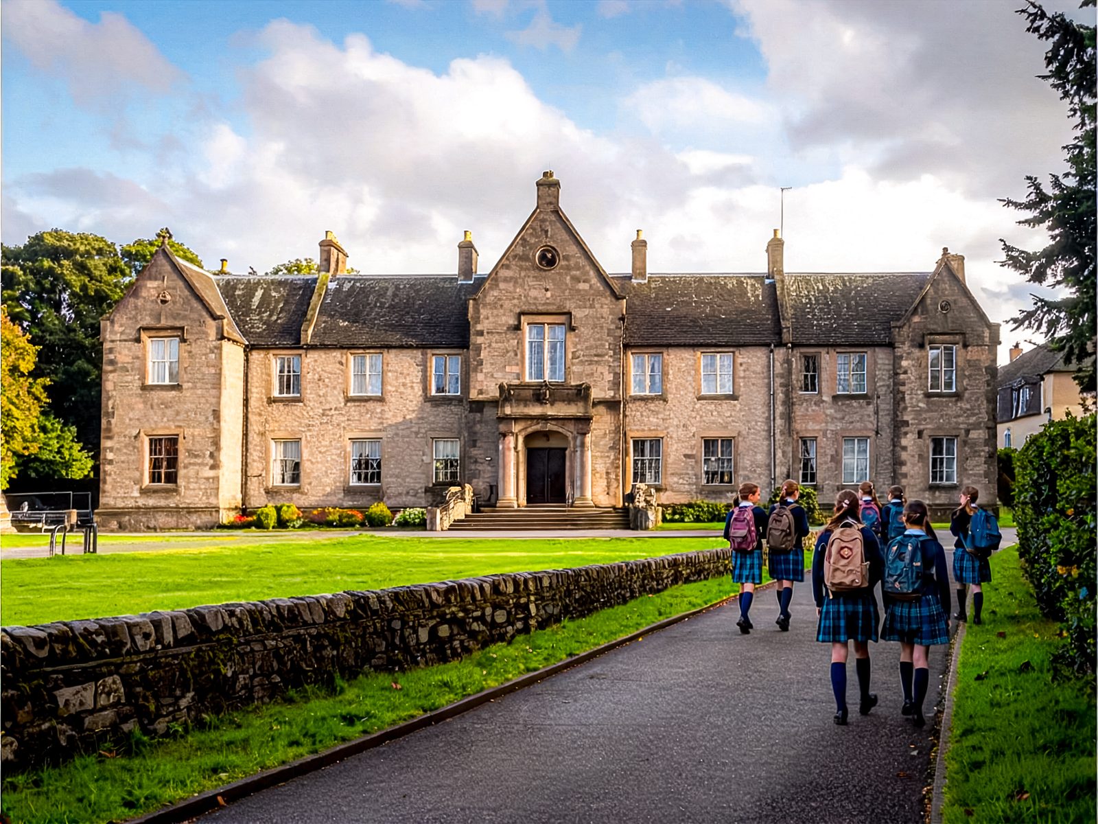 Pupils in tartan uniform walking up the path to a stone school building