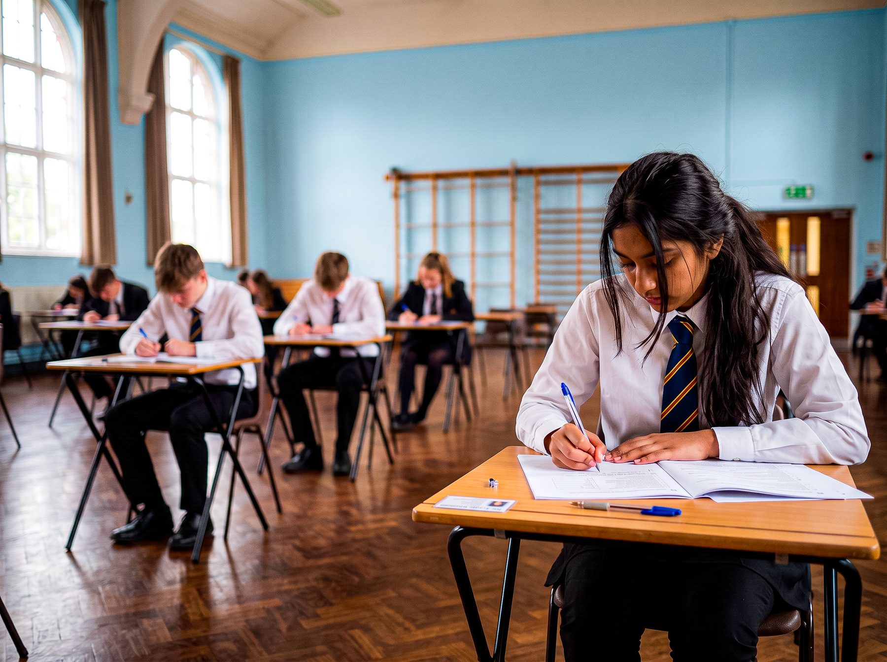 Secondary pupils sitting an exam at individual desks in a school hall