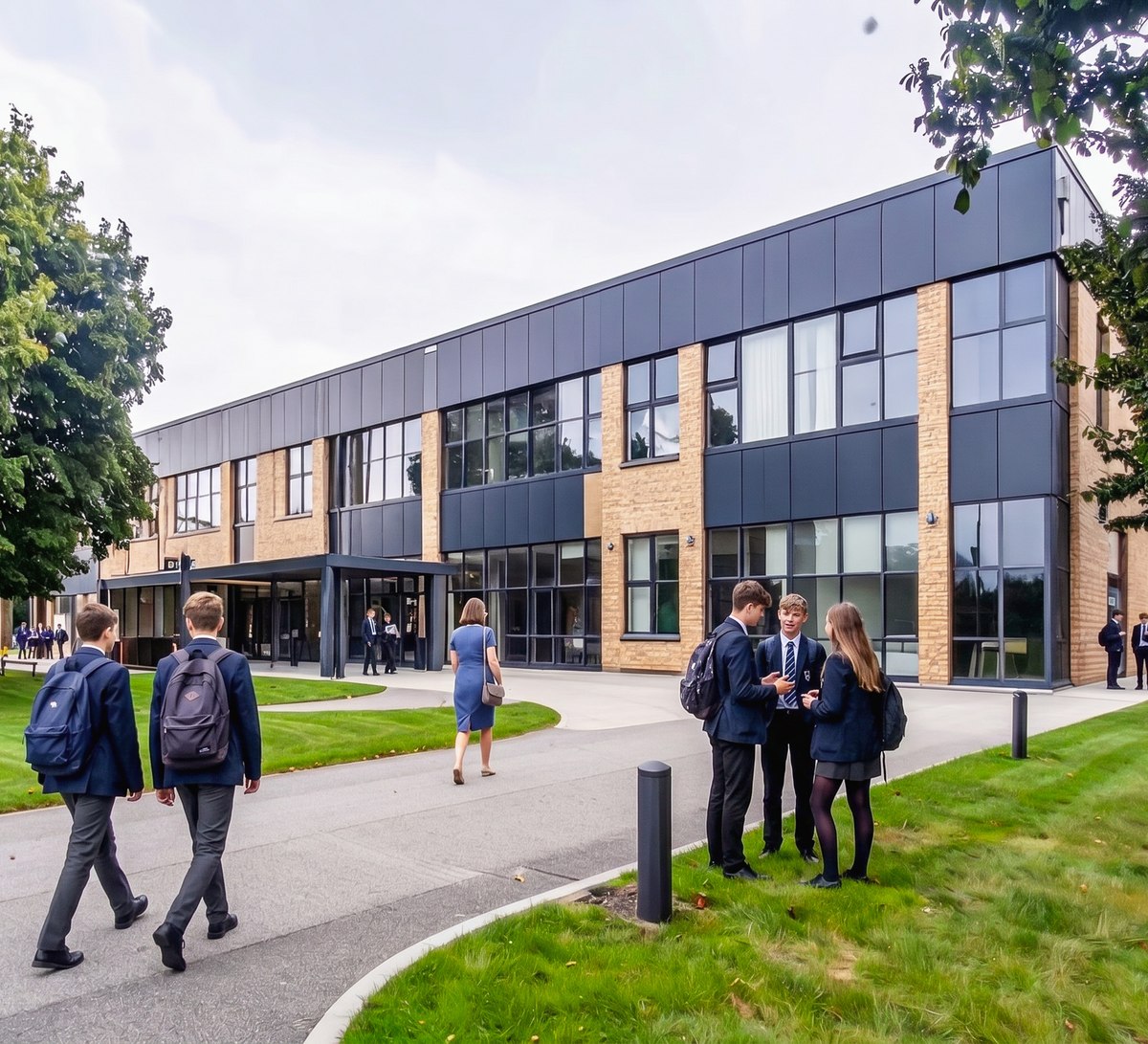 Pupils arriving at a modern secondary school building