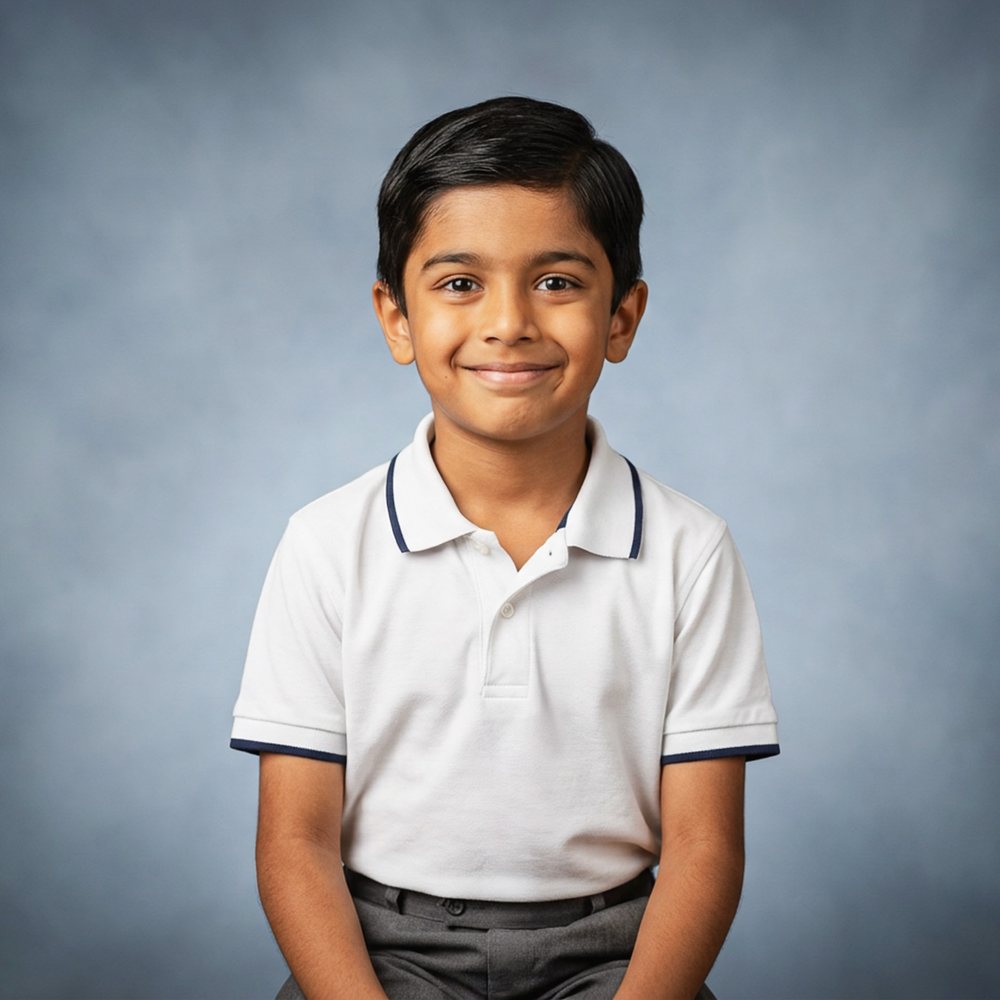 A primary pupil in school uniform