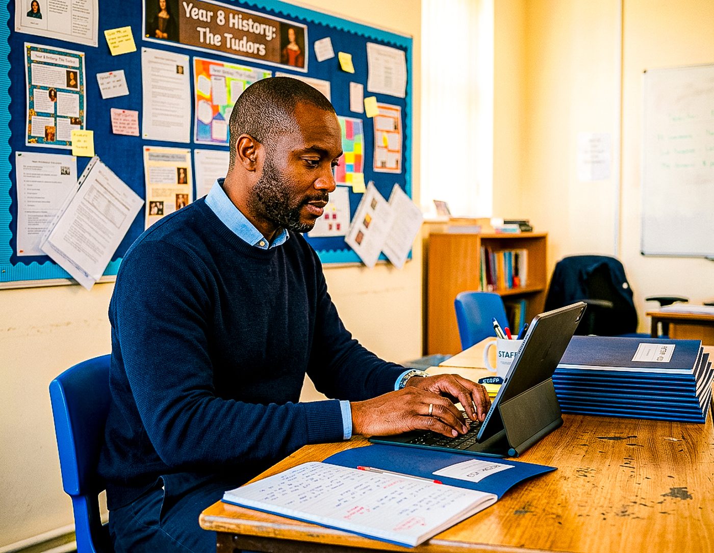 A teacher at his classroom desk working on GroupEd, marked books stacked beside him