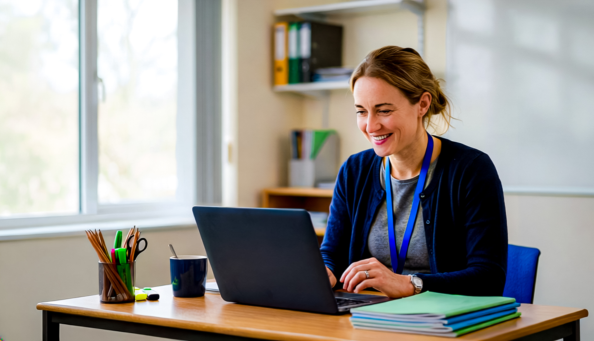 A school staff member working confidently on GroupEd