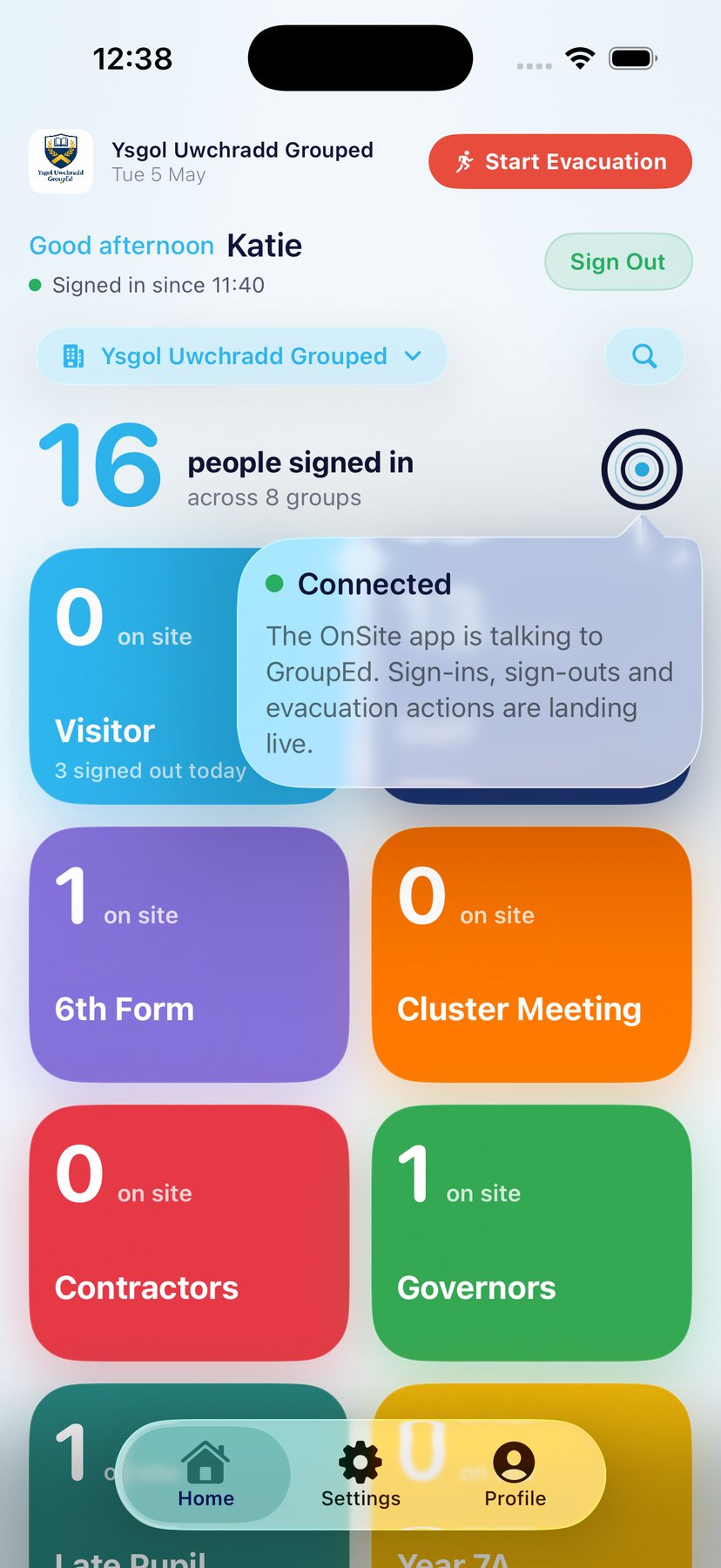 The OnSite app confirming staff sign-ins are landing live