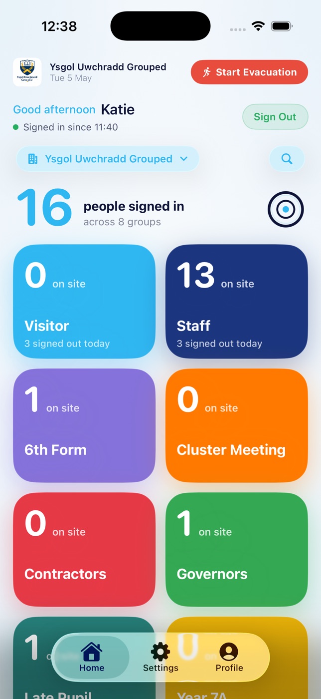 The OnSite app: 16 people signed in across 8 groups