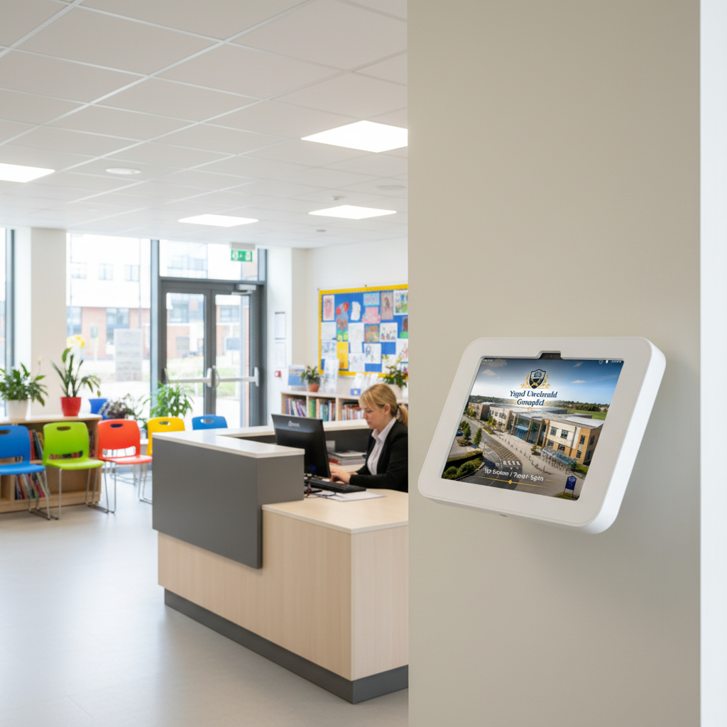 A school receptionist using the OnSite kiosk on a wall-mounted iPad